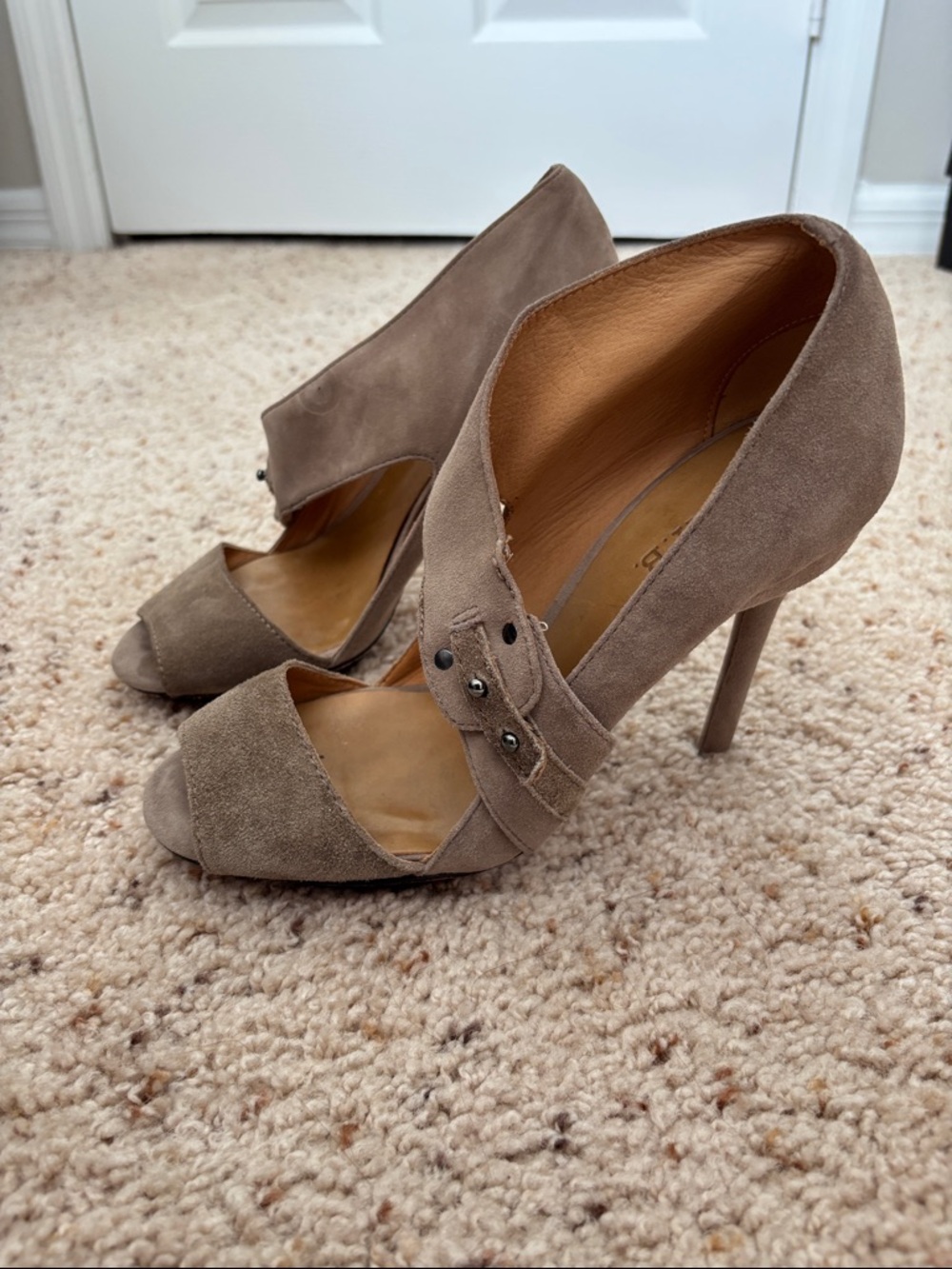 L.A.M.B Beige Suede Open-Toe High Heel Pumps - Taupe Size 8.5